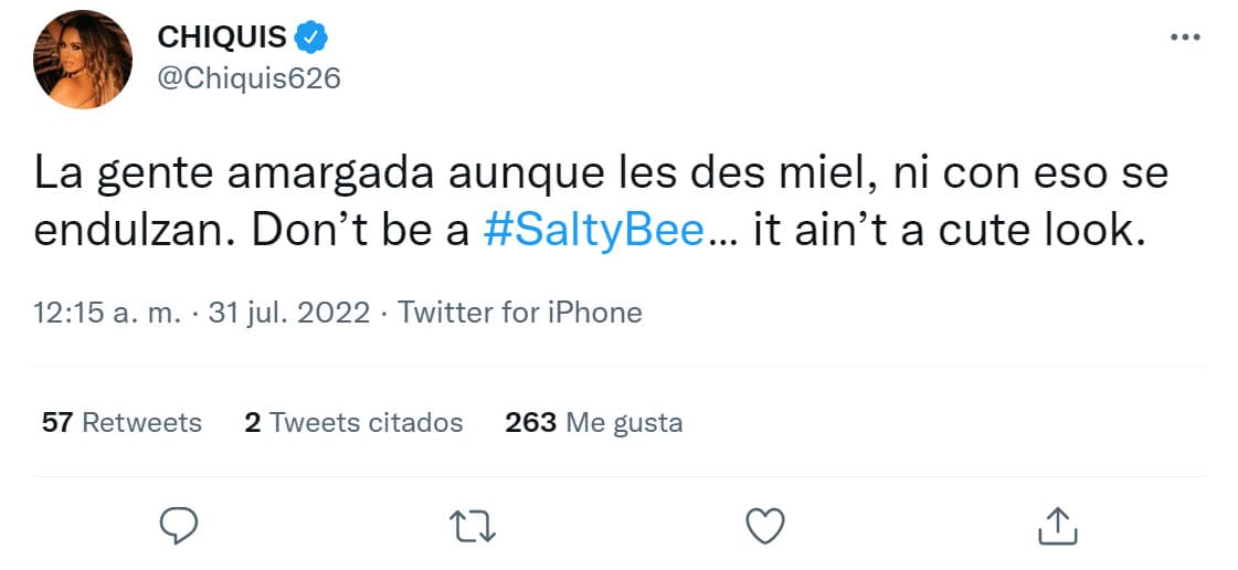 Este tuit lo colgó la noche de este sábado 30 de julio y fue dedicado a la "gente amargada": "No se ven bien".
<br>