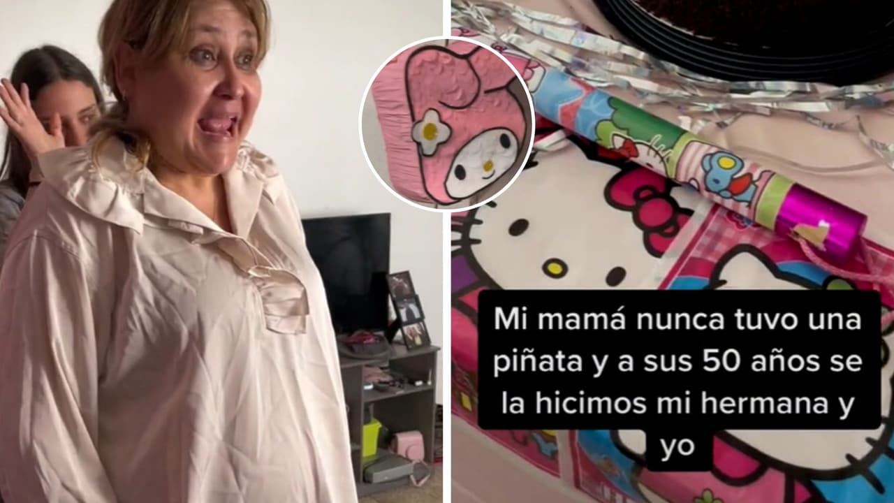 Mujer de 50 años recibe su primera piñata y así reaccionó: su fiesta fue de Hello Kitty