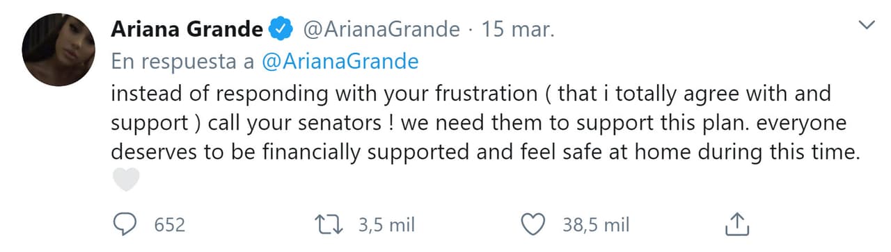 "En lugar de responder con tu frustración (con la que 
<b>estoy totalmente de acuerdo y apoyo</b>) ¡Llama a tus senadores! los necesitamos para apoyar este plan. Todos merecen recibir apoyo financiero y sentirse seguros en casa durante este tiempo", finalizó en un tercer tuit.
<br>