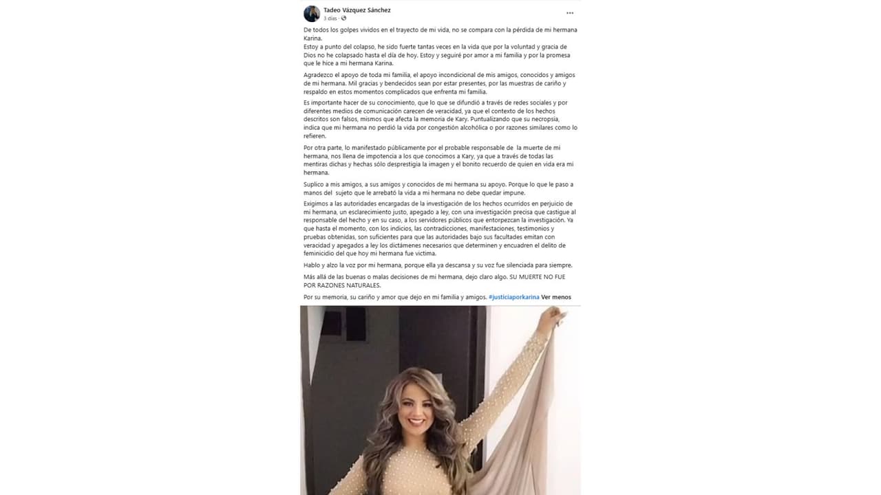 Tadeo Vázquez, hermano de Karina Vázquez, compartió un mensaje en el que pide justicia por su muerte.