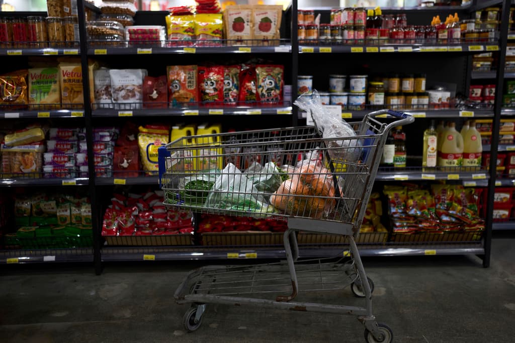 ARCHIVO - Un carrito de compras lleno de comestibles se encuentra en un pasillo de una tienda de comestibles asiática en Rowland Heights, California, el jueves 3 de abril de 2025. (Foto AP/Jae C. Hong, Archivo)