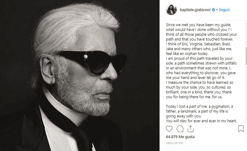 Por cierto que el francés Baptiste Giabconi, quien se especula fue pareja de Lagerfeld, publicó un emotivo mensaje tras la noticia del deceso: “Karl, mi ángel guardián: Desde que te conocí fuiste mi guía, ¿qué hubiera hecho sin ti?”.
<br>