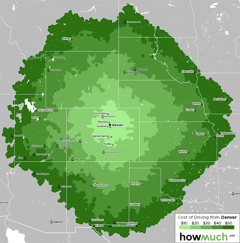 Mapa que muestra el costo de conducir desde Denver