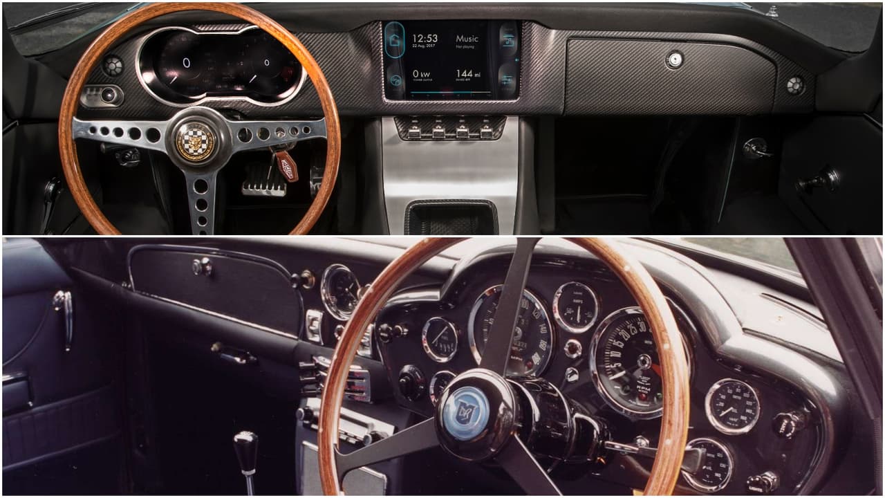 El tablero de instrumentos y controles del Jaguar E-Type Concept Zero fue totalmente modernizado con
<b> instrumentos digitales y controles táctiles</b>, mientras que el Aston Martin cuenta con un 
<b>cuadro de elegantes instrumentos analógicos de vieja escuel</b>a.
<br>
<br>El Jaguar E-Type Concepto Zero cuenta con una planta de poder eléctrica alimentada por una batería de 40 kWH. Aunque Jaguar no ha revelado la potencia de la misma si nos dice que el E-Type Concept Zero es capaz de acelerar de 0 a 60 millas por hora en 5.5 segundos, un segundo más rápido que con el motor a gasolina original. El Aston Martin DB6 Volante por su parte cuenta con un motor 6 cilindros en línea de 4.0 litros de desplazamiento que produce 282 caballos de fuerza y 280 lbs-pie de torque, aunque es posible que esas cifras se haya visto afectadas como su consecuencia de su conversión para el uso de combustible biodiésel.