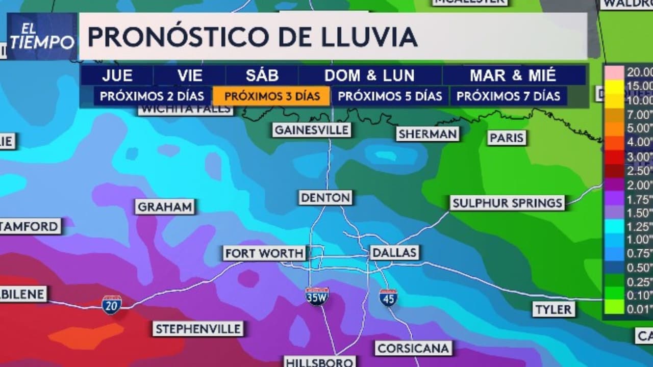 Este es el pronóstico de posibles acumulaciones de lluvia en los próximos tres días en el norte de Texas. Se podrían ver acumulados de hasta 2.50 y 3 pulgadas en zonas del oeste como Stephenville y Abilene.