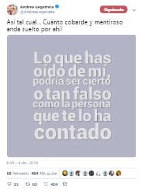 Horas más tarde, Andrea Legarreta volvió a referirse, a través de su Twitter, al reportero que inició la polémica.