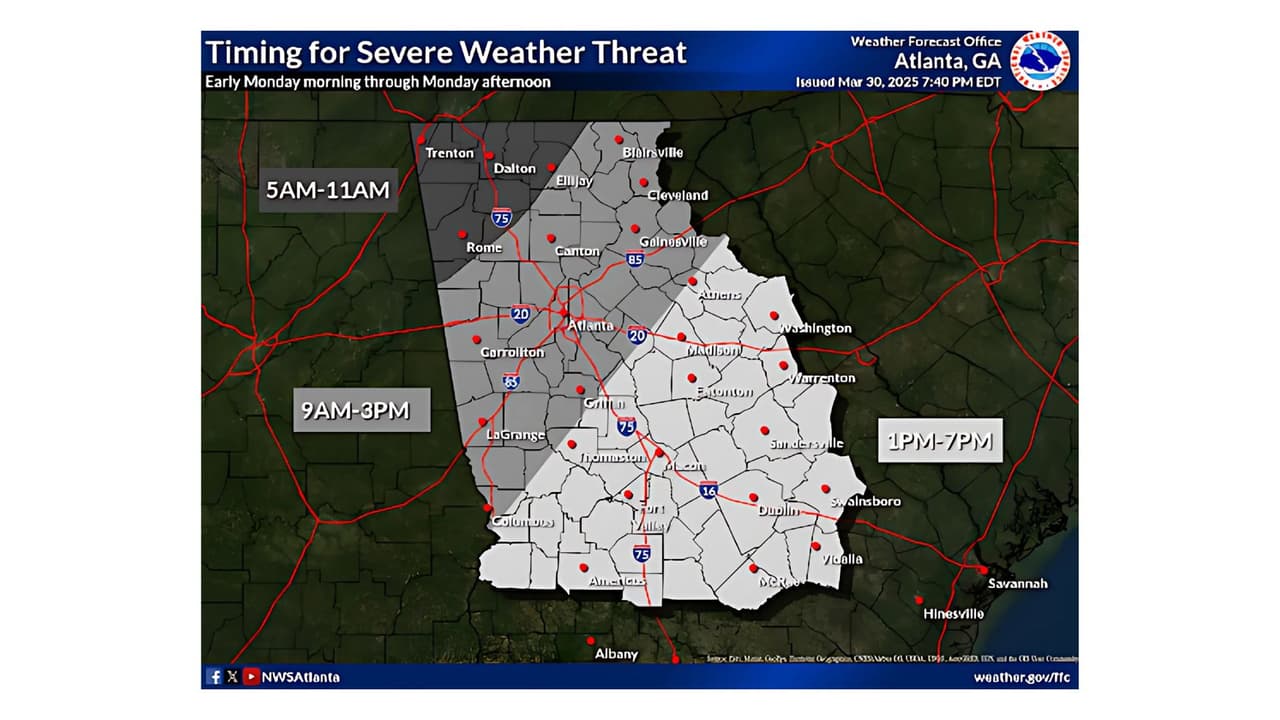 Este mapa del NWS muestra en diferentes tonos de gris los horarios en los que se esperan el mayor riesgo de tormentas.
