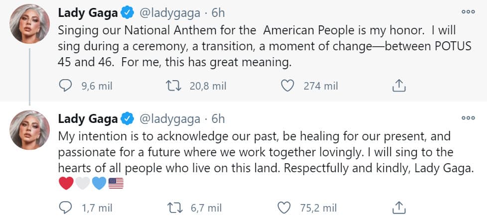 "Mi intención es reconocer nuestro pasado, curar nuestro presente y apasionarnos por un futuro en el que trabajemos juntos con amor. Cantaré al corazón de todas las personas que viven en esta tierra. Con respeto y amabilidad, Lady Gaga", escribió minutos antes de hacer su aparición en el Capitolio.
<br>