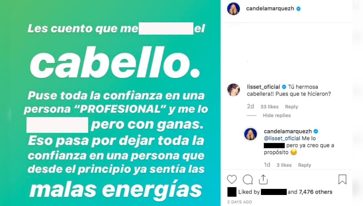 Inicialmente, la actriz española asumió parte de la responsabilidad de lo que le ocurrió, "por dejar toda la confianza" en una persona que alegó desde el principio le hizo sentir 
<b>"malas energías"</b>. Cuando la 
<b><a href="https://www.univision.com/famosos/lisset-explica-que-su-hija-tiene-es-muy-fuerte-fisicamente-y-eso-le-genero-inconvenientes-en-la-escuela-fotos">actriz y cantante mexicana Lisset</a></b> le preguntó qué le había pasado, Candela Márquez le expresó sus sospechas de que le dañaron el pelo "a propósito".
