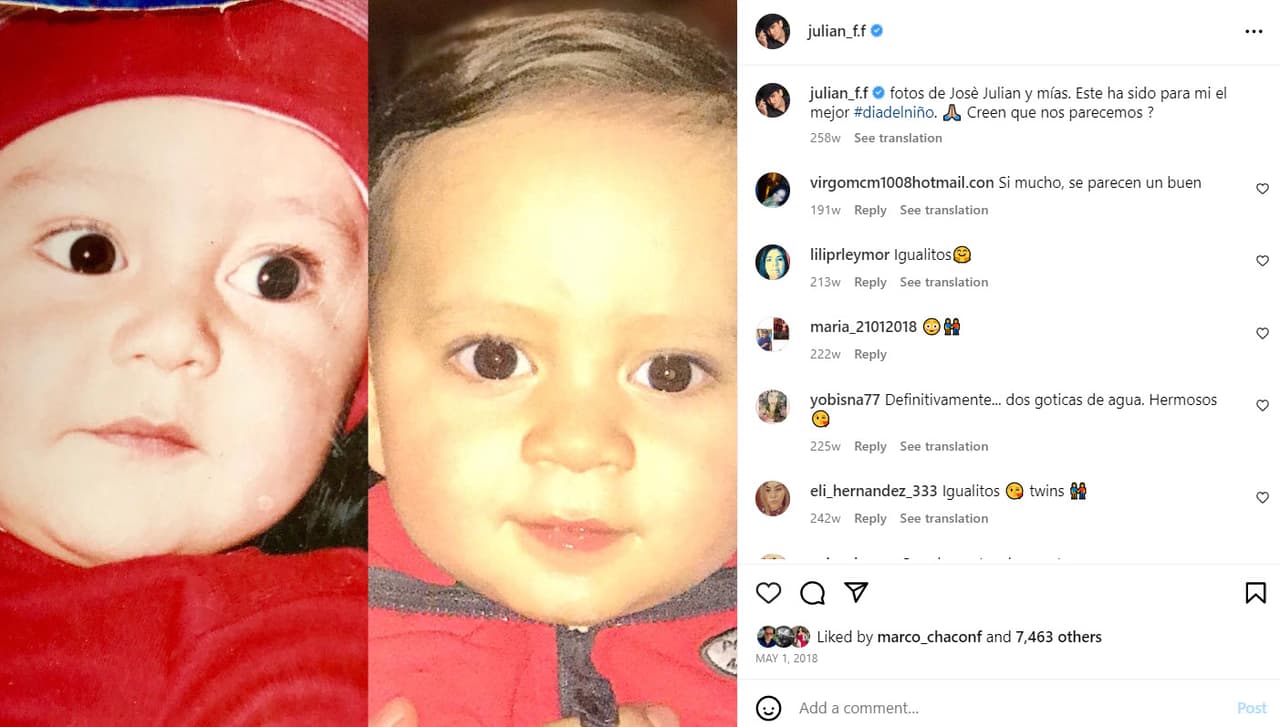 Julián Figueroa hizo en varias ocasiones comparaciones de su parecido con su hijo. Del lado izquierdo se aprecia al primogénito de Maribel Guardia y del derecho a José Julián.