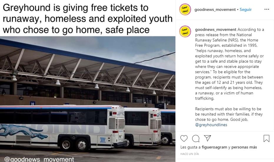 En la página hay notas sobre dar a los jóvenes sin hogar 
<b><a href="https://www.instagram.com/p/B6yE5dWgoCb/" target="_blank">boletos gratuitos </a></b>para regresar a su casa o a un lugar seguro.