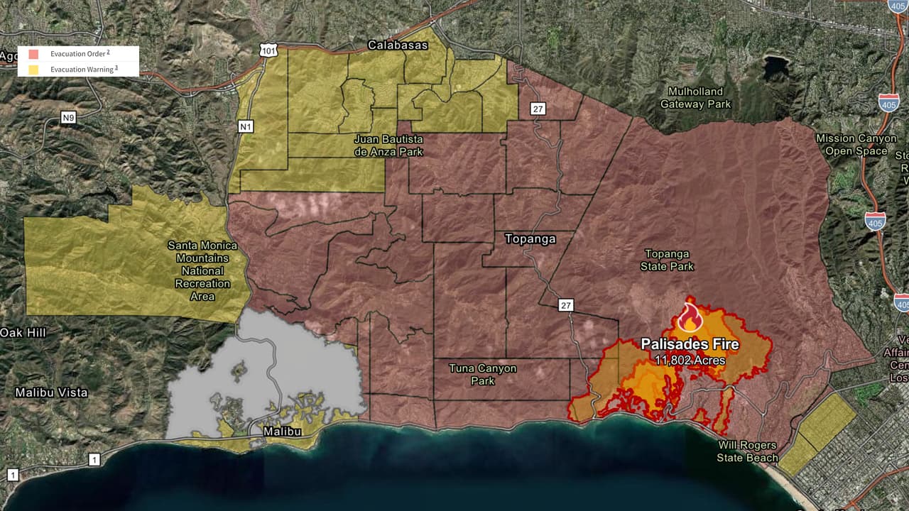 <b>Incendio Palisades</b>
<br>Inició alrededor de las 10:30 AM del martes 7 de enero al oeste del condado de Los Ángeles, al sureste de Palisades Drive, en el área de
<a href="https://maps.app.goo.gl/fsJMPwnrxx3nqQvt7" target="_blank">Pacific Palisades</a>. Las llamas han consumido más de 15,832 acres de terreno y provocado la
<b>evacuación de más de 30,000 personas</b>, además de que más de 10,000 hogares están bajo amenaza directa. Tiene un 0% de contención.
<br>
<br>
<b>Centros de evacuación:</b>
<br>- Westwood Recreation Center
<br> 1350 South Sepulveda Blvd., Los Angeles.
<br>- El Camino Real Charter High School
<br> 5440 Valley Circle Blvd., Woodland Hills.
<br>- Pasadena Convention Center
<br> 300 E Green St., Pasadena.