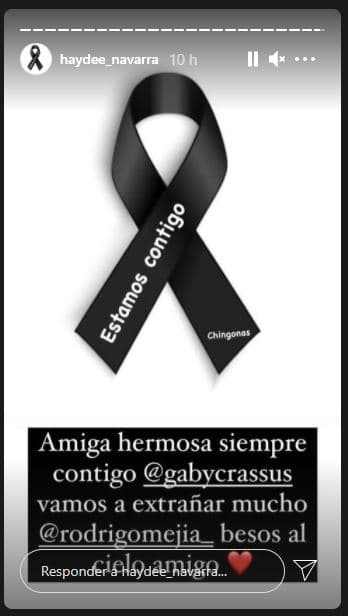 La actriz veracruzana Haydee Navarra, le dejó un mensaje a la conductora
<b><a href="https://www.univision.com/famosos/mensaje-gaby-crassus-esposa-rodrigo-mejia"> Gaby Crassus, viuda de Mejía</a></b>: "Amiga hermosa, siempre contigo. Vamos a extrañar mucho a Rodrigo Mejía. Besos al cielo, amigo", anotó.