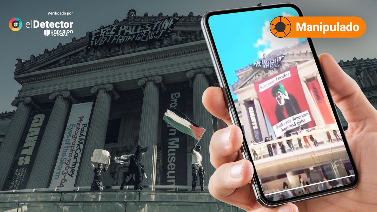 Está manipulado el video que muestra a manifestantes desplegando la imagen del líder supremo de Irán en una protesta en Nueva York