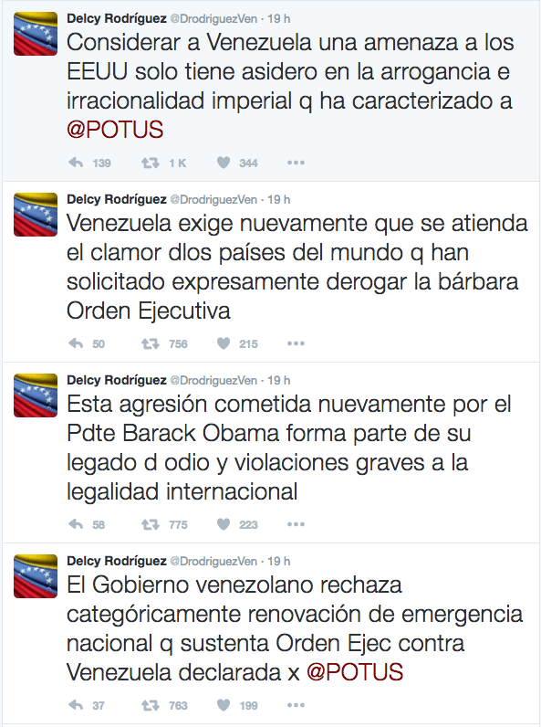 La jefa de la diplomacia venezolana se expresó a través de su cuenta personal.