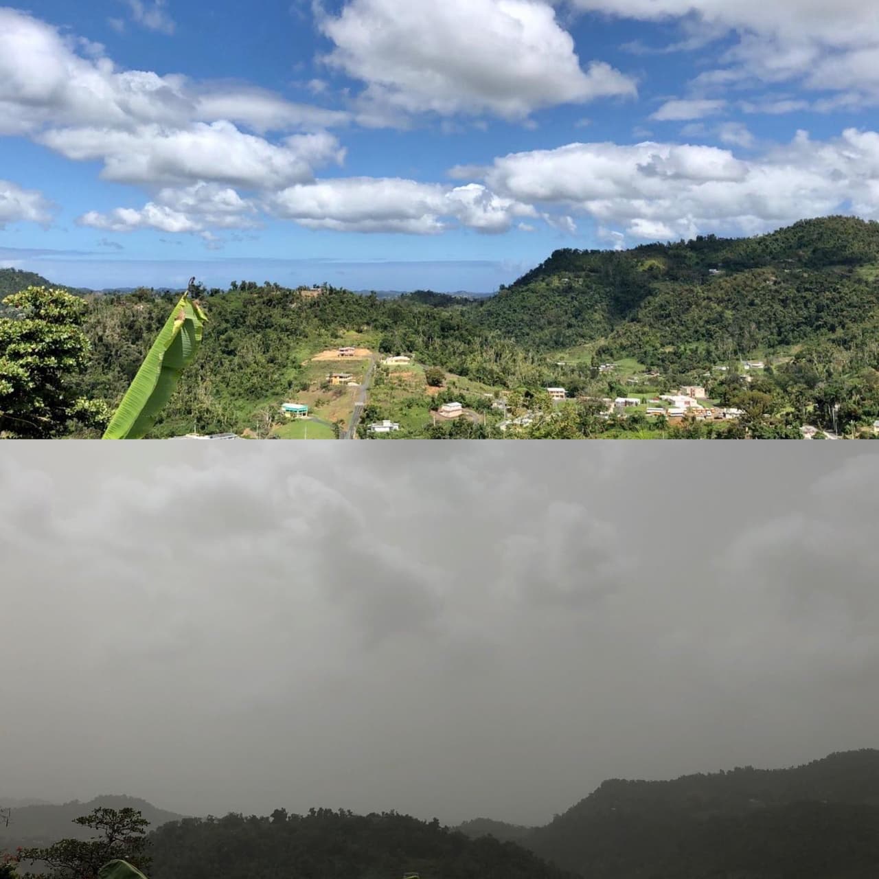 "Mismo lugar, misma hora; 3 días de diferencia", así luce Barrio Nuevo en Bayamón con el polvo de Sahara.