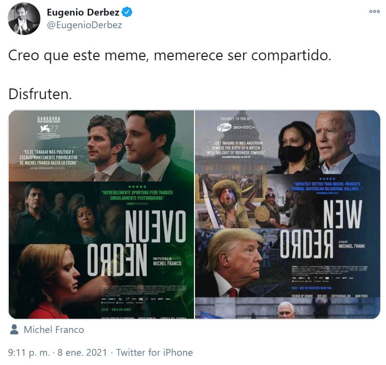 La imagen muestra la comparativa del póster oficial de la película mexicana 'Nuevo orden', la cual es protagonizada por Diego Boneta y Darío Yazbek Bernal, con la imagen editada de Trump y Biden.
<br>