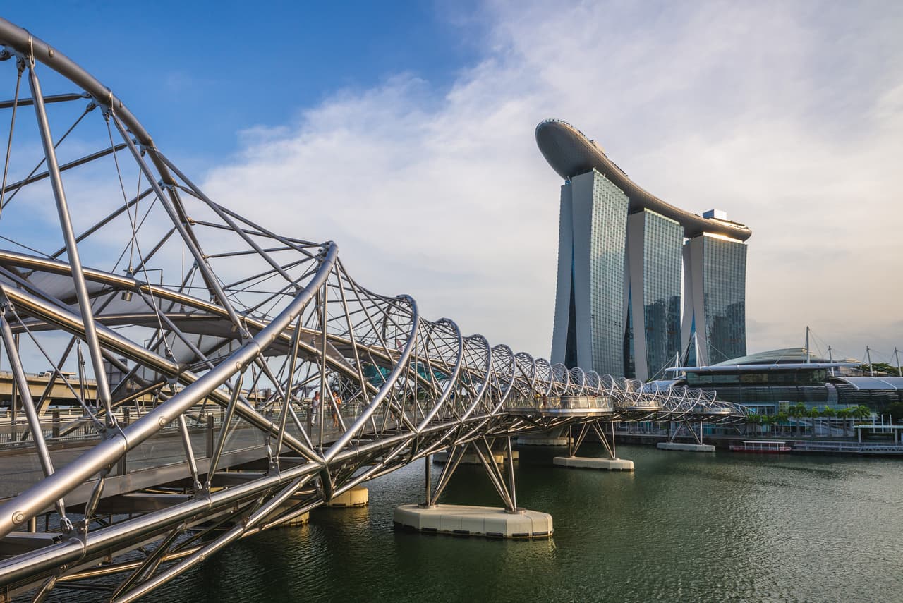 <b>Puente Helix.</b>
<br>
<br>Varias publicaciones especializadas 
<a href="https://www.travelandleisure.com/culture-design/architecture-design/most-beautiful-bridges-around-the-world"><u>consideran que este puente en Marina Bay</u></a>, Singapur, es impresionante. Se inauguró en 2010 y su diseño se inspiró en el modelo de doble hélice del ADN humano.