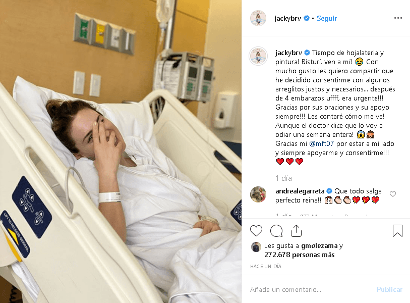 Antes de que alguien publicara información incorrecta, el pasado miércoles 23 de octubre, Jacky Bracamontes anunció con 
<b><a href="https://www.instagram.com/p/B39-QIFHVp5/" target="_blank">una foto</a></b> desde el hospital que se sometería a una cirugía.