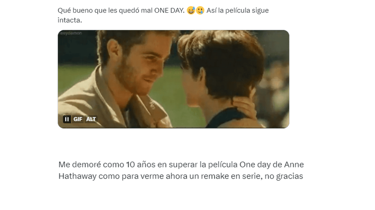 Fans debaten en redes sociales si la serie 'One Day' de Netflix es mejor que la película.