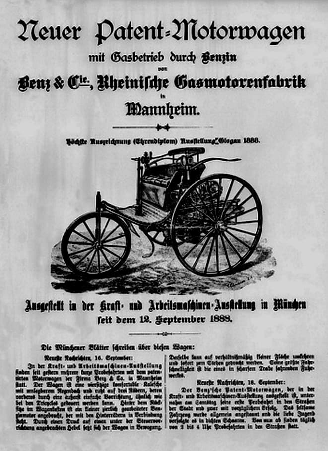 Benz & Cie la compañía fundada por Karl Benz en Mannheim no mostró nunca ninguna timidez en dejar saber que tenían la patente por el automóvil otorgada en 1886, tal y como se puede observar en este parco aviso de 1888.