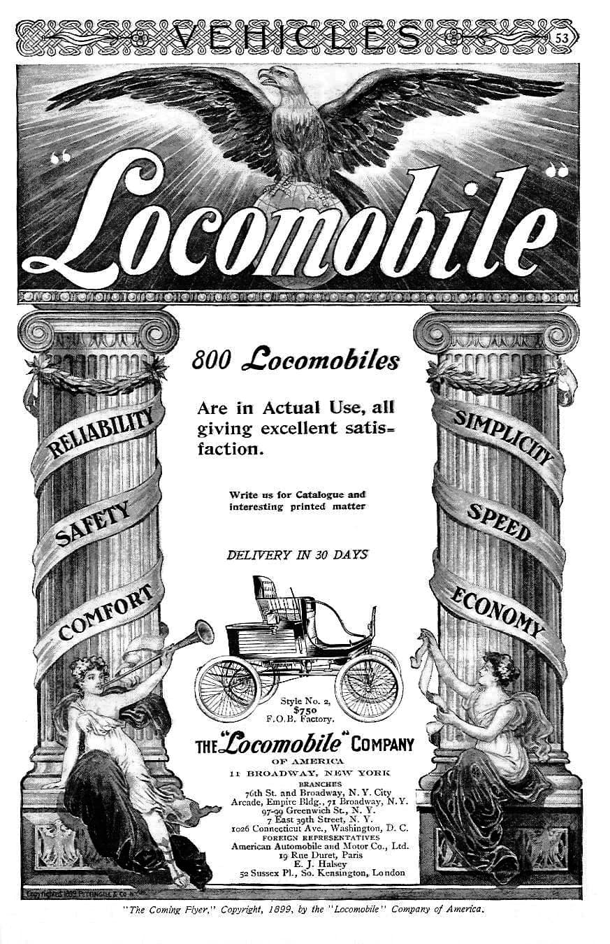 Locomobile fue uno de los pioneros en la fabricación de automóviles en EEUU. Fundada en 1899, Locomobile se enfocó inicialmente en fabricar autos a vapor. La compañía, basada en Bridgeport, Connecticut, no tardaría en cambiar al motor de combustión interna y en seguir a la mayoría de sus competidores en la construcción autos de lujo. En este anuncio de 1900 Locomobile se jacta de tener 800 autos en funcionamiento con "excelente satisfacción".