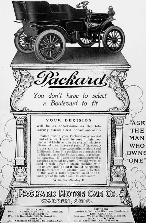 La Packard Motor Car Company fundada en Warren, Ohio en 1899 fue uno de los grandes fabricantes de EEUU. Packard no tardó en posicionarse como uno de los primeros fabricantes de vehículos de lujo y hasta 1903, año en que fue publicado este aviso, todos sus vehículos estuvieron equipados con motores de un cilindro.