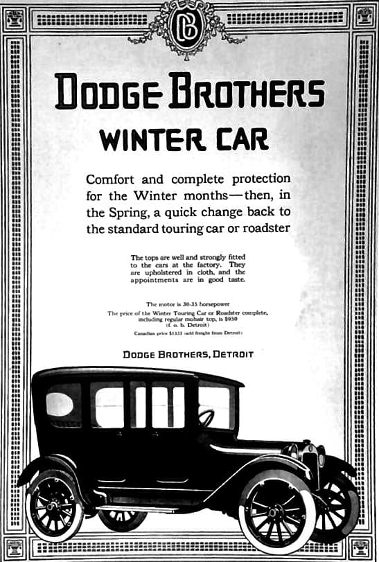 La fortuna no les duró mucho a los hermanos Dodge quienes murieron en 1920 uno por causa de la influenza y el otro de cirrosis hepática. La compañía fue adquirida por Dillon, Read & Co. en 1925 y luego vendida a Chrysler en 1928. En la imagen se puede apreciar un hermoso "carro de invierno" cerrado de 1915.