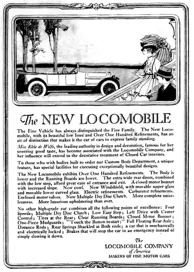 En 1915 Locomobile había dejado atrás a sus pequeños carritos a vapor para convertirse en un fabricante más de autos de lujo. Las fortunas de Locomobile solo durarían hasta 1922 cuando la compañía fue adquirido por la Durant Car Company.