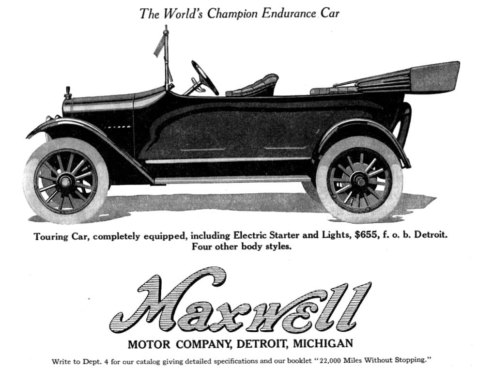 La Maxwell-Briscoe Company fue fundada en 1904 en Tarrytown, New York. En 1907 un incendio destruyó la planta de construcción en Tarrytown la compañía se mudó a New Castle Indiana en 1907 donde construyó la que es ese momento fue la fabrica de autos más grande del mundo. Ya para 1916, año en que fue publicado esta anuncio, Maxwell are uno de los 3 grandes constructores de EEUU. En 1925 Maxwell sería adquirida por la recién fundada Chrysler Corp.