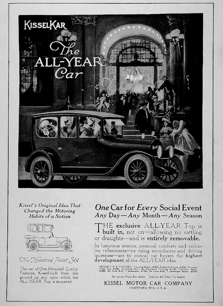 La Kissel Motor Car Company fue uno de los muchos fabricantes de tamaño medio que hicieron buen dinero durante la Primera Guerra Mundial pero que vieron su fortuna cambiar con el advenimiento de la Gran Depresión de 1929. En este jovial aviso de 1917 Kissel promueve las bondades de su auto en cualquier clima.