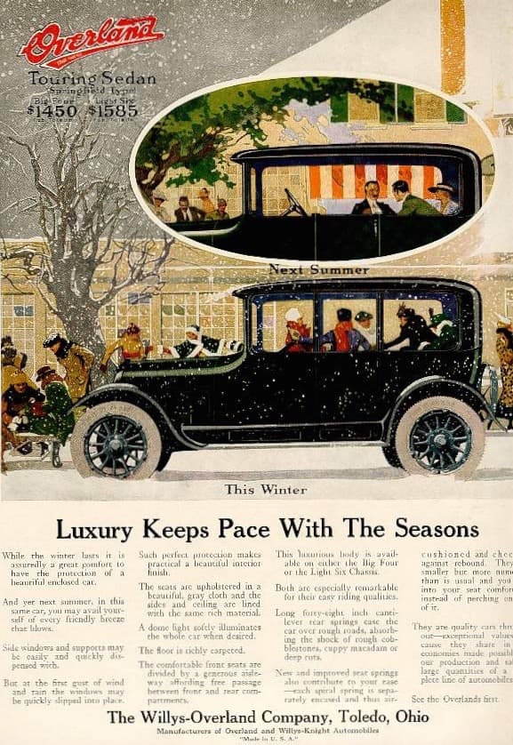 En 1908 John North Willys adquirió a la Overland Automobile de Indianapolis a la que rebautizó Willys-Overland. Willys-Overland fue un fabricante de tamaño medio que adquirió notoriedad durante la Segunda Guerra Mundial por la fabricación de los vehículos todoterreno Jeep de las fuerzas aliadas. Pero en 1917 fabricaba vehículos de paseo convencionales como este señorial Touring Sedán de precio medio.