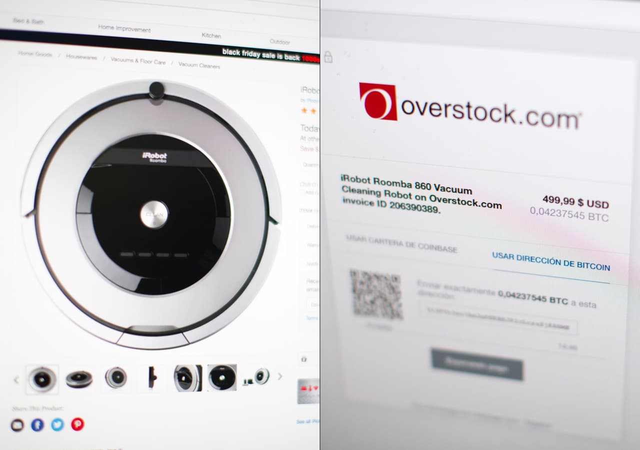 El robot de limpieza doméstica Roomba cuesta en overstock.com casi 500 dólares. Al cambio del momento de las fotos (más de 11,000 dólares por unidad) eran 0.04237545 bitcoin.