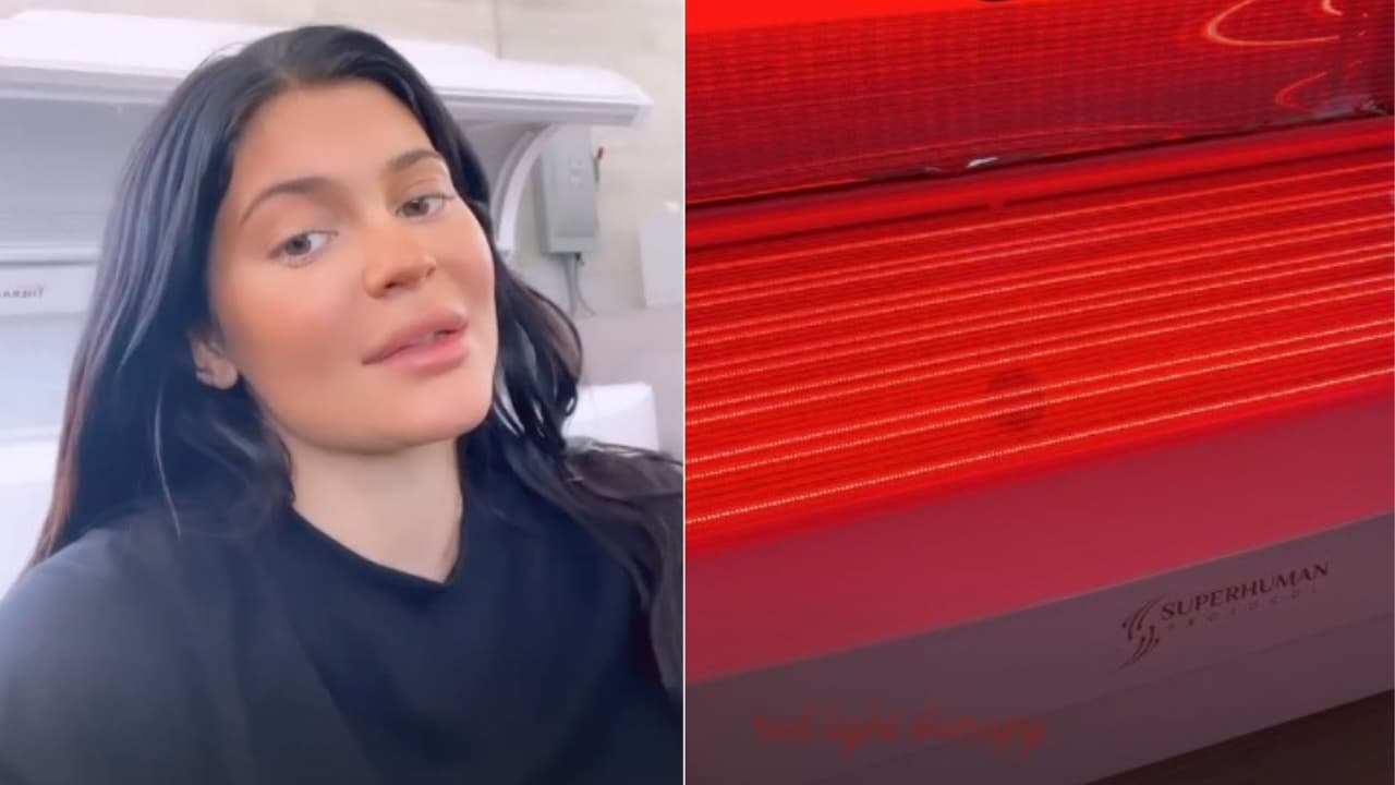 Kylie Jenner toma terapia de luz roja en la comodidad de su mansión en Los Ángeles.
