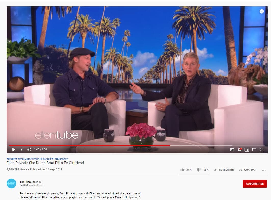 Ellen DeGeneres sorprendió a 
<b><a href="https://www.univision.com/famosos/brad-pitt-puso-nerviosa-a-kendall-jenner-y-ella-salio-corriendo-de-un-servicio-dominical-fotos">Brad Pitt</a></b> con una confesión que le hizo en una de las 
<a href="https://www.youtube.com/watch?time_continue=46&v=AhjWCTp9i_k" target="_blank">recientes emisiones de su show</a>, en donde tuvo una plática con él para promocionar la película 'Once upon a time in Hollywood'.