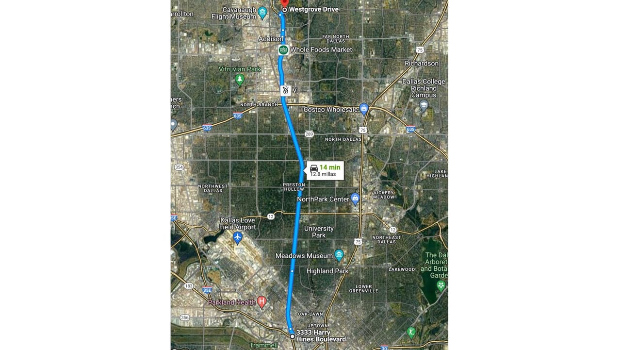 Este es el recorrido que la sospechosa April Labrada, de 42 años, hizo por Dallas North Tollway en sentido contrario.