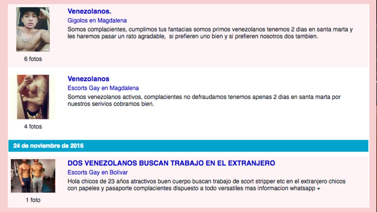 En las páginas de contactos colombianas, no es raro encontrar avisos de venezolanos que ofrecen sus servicios sexuales.