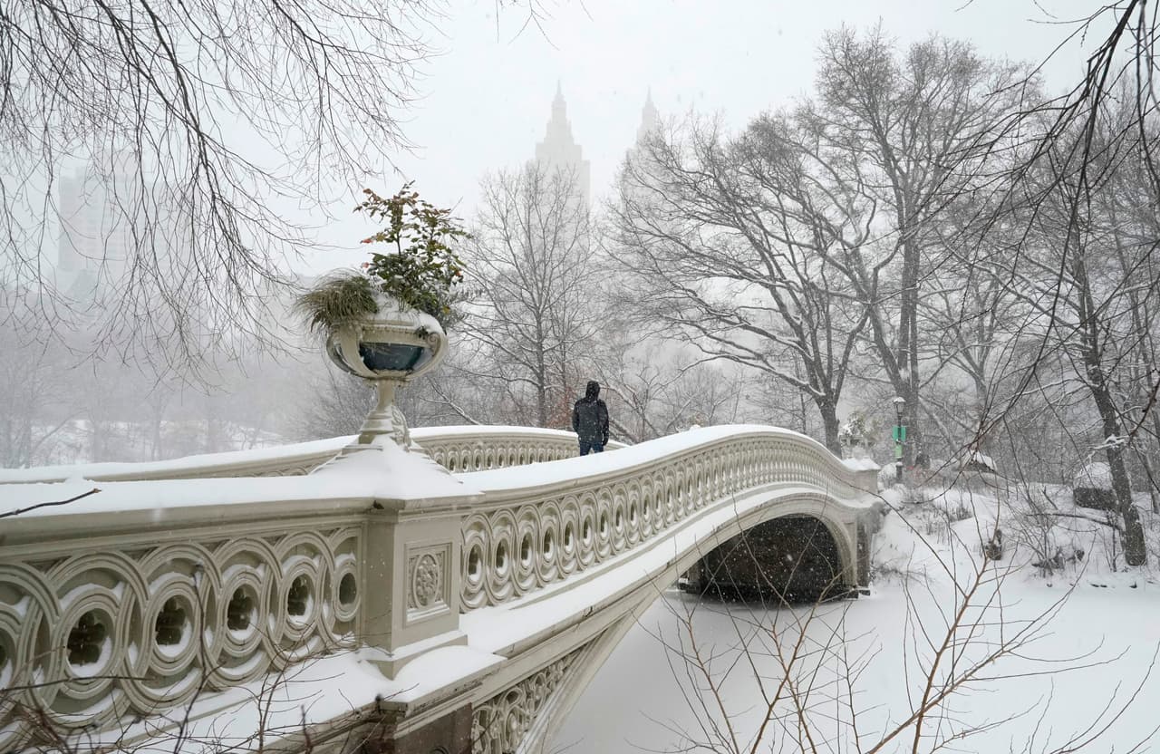 Una persona se encuentra en el puente Bow de Central Park.Una persona se encuentra en el puente Bow de Central Park.