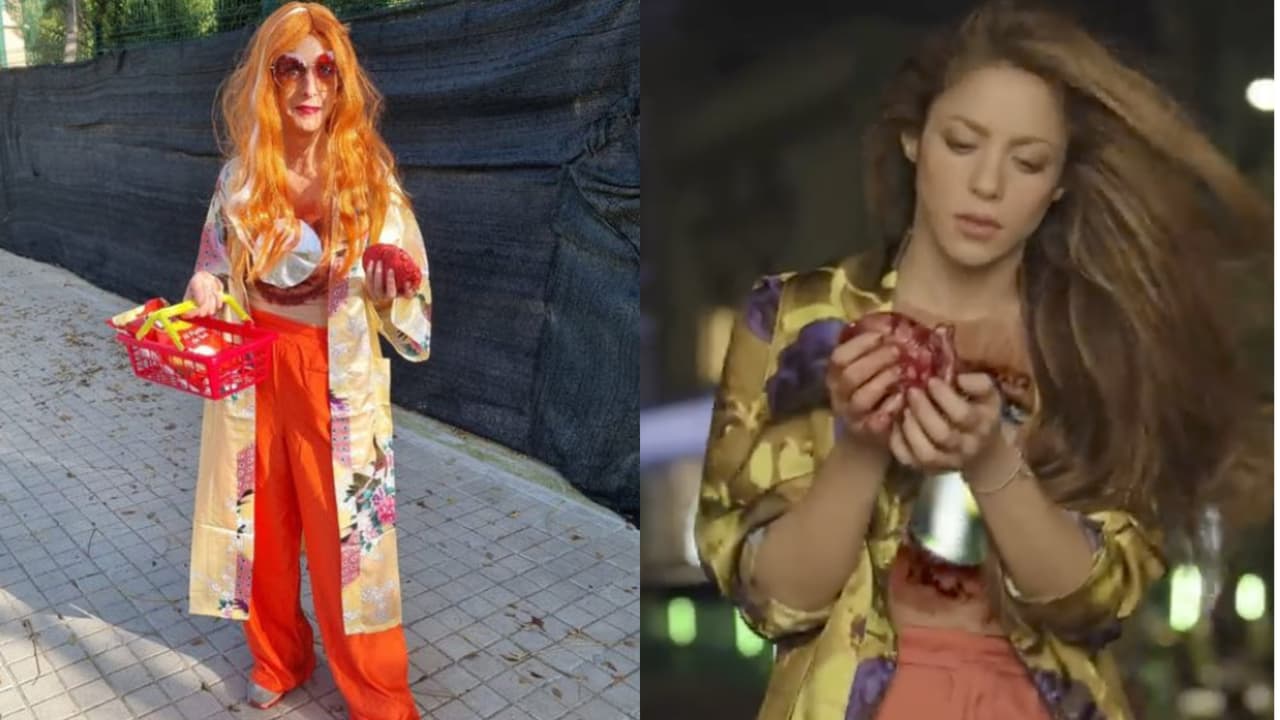 Shakira compartió la foto en donde aparece la madre de uno de los compañeros (izq.) disfrazada como la artista aparece en el video 'Monotonía'.