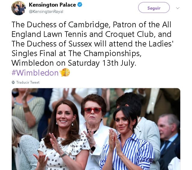 "La duquesa de Cambridge, patrona de All England Lawn Tennis y Croquet Club, y la duquesa de Sussex asistirán a la final de damas individual en The Championships, Wimbledon, el sábado 13 de julio", se lee en 
<b><a href="https://twitter.com/KensingtonRoyal/status/1149606652389101568" target="_blank">el mensaje</a></b>.