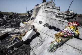 Una ofrenda de flores colocada sobre los restos del MH17 de Malaysia Airlines.