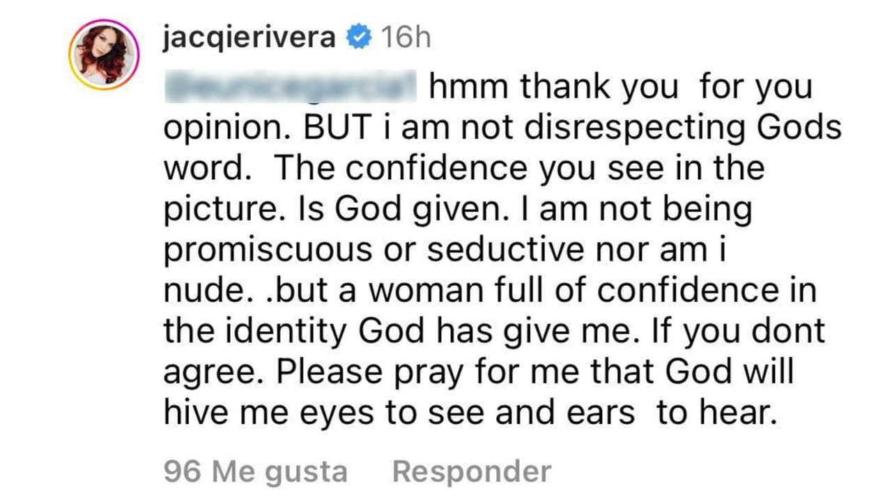 Esta fue la respuesta que dio Jacqie Rivera ante las críticas por su mensaje religiosa en las fotos en las que lució su 'outfit'.