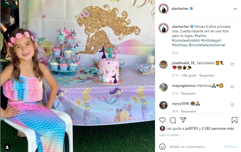 "Felices 6 años princesa mía. Cuesta hacerte reír en una foto, pero lo logré", redactó Alan Tacher tras publicar en su cuenta de Instagram la bella foto de Michelle.