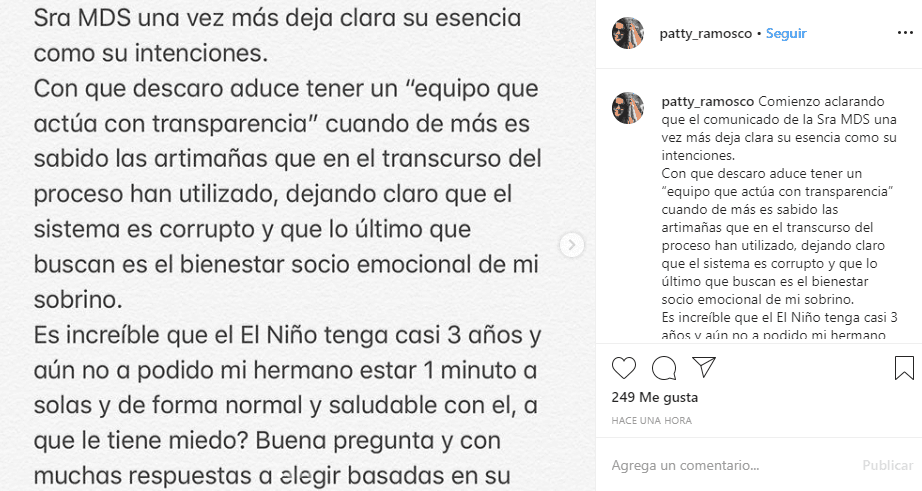 La hermana del actor, Patricia Ramosco, reaccionó en una publicación que realizó en Instagram sobre el comunicado de Marjorie de Sousa, donde dice que “deja ver su esencia como sus intenciones”.