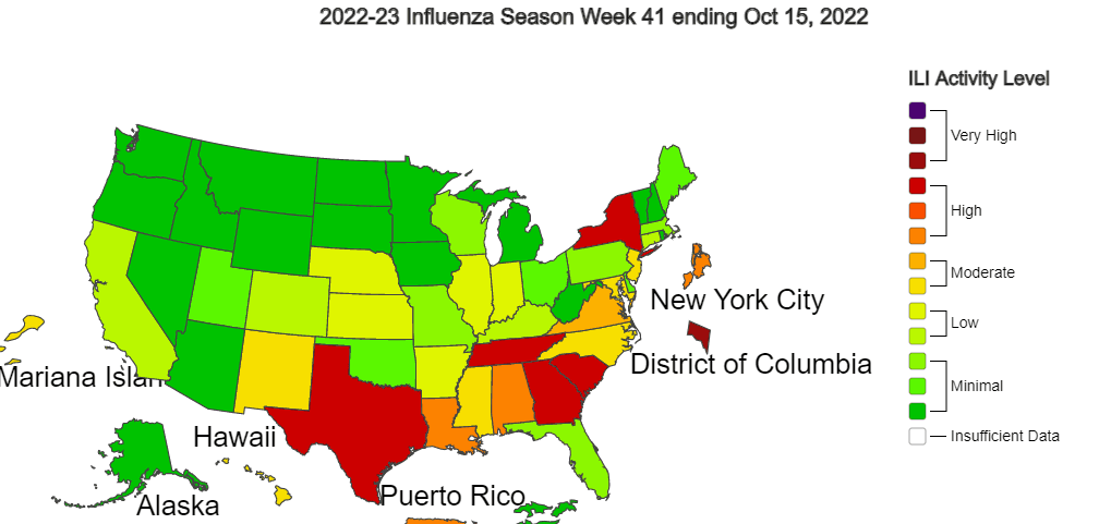 Los estados señalados en rojo tienen circulación elevada del virus de la influenza.