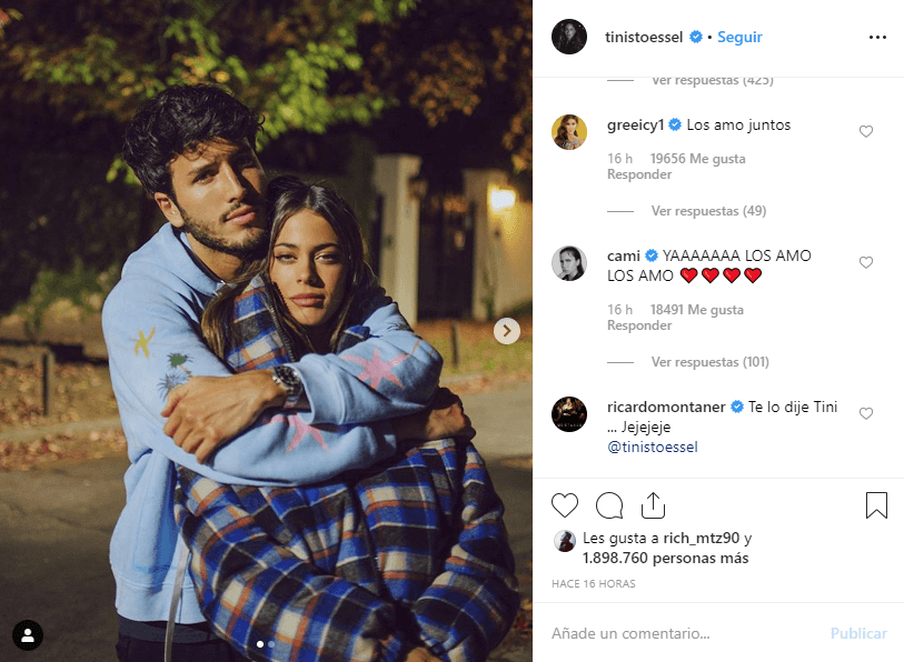 Tras la publicación de la fotografía, los amigos de esta pareja no se quedaron con la boca cerrada y se unieron a la celebración: Greeicy comentó: "Los amo juntos" y Ricardo Montaner: "Te lo dije Tini ... Jejejeje". Cabe recordar que fue este cantante quien el fin de semana aseguró que Tini y Sebastián Yatra "son novios. Sí, claro, Sebastián es como de la familia, de la casa. Es como primo de mis hijos".