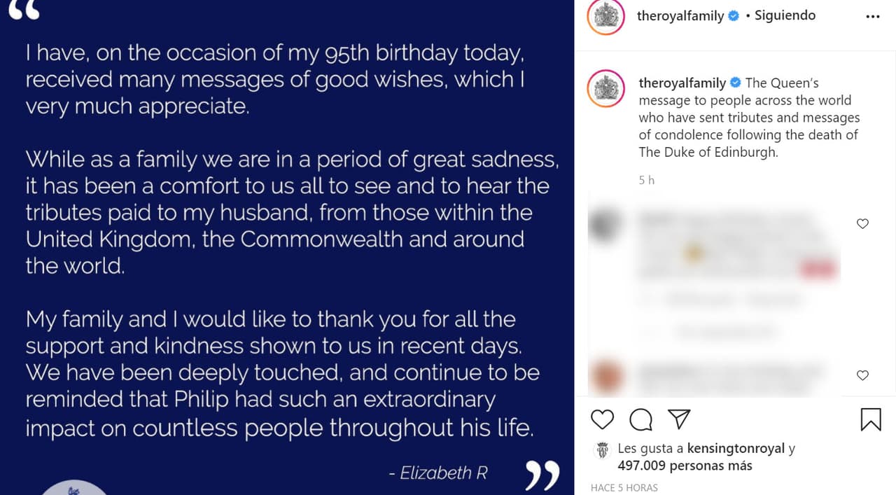 La reina Isabel publicó este miércoles su primera declaración pública tras el funeral de su marido. Dijo que estaba "profundamente conmovida" por el "apoyo y la amabilidad" mostrados tras la muerte del duque de Edimburgo.