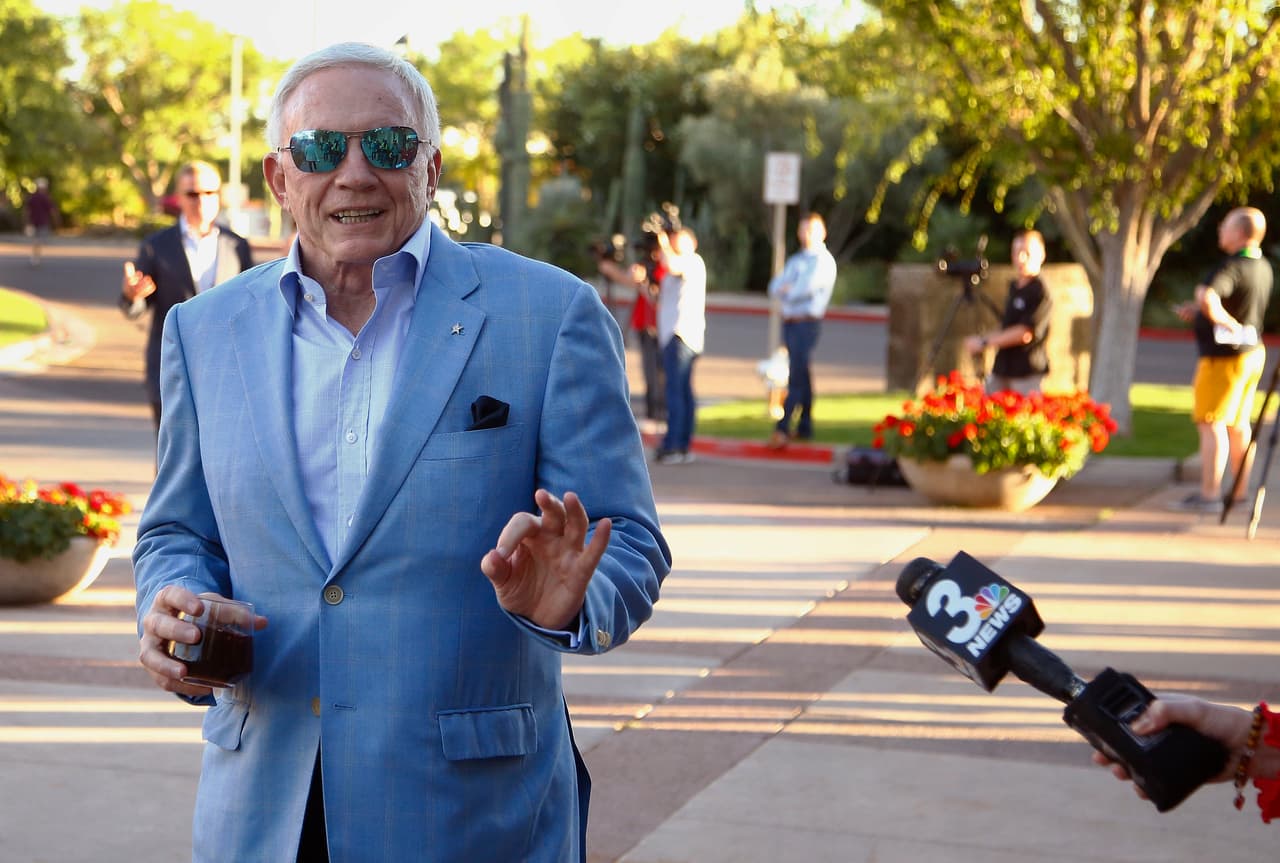 Dallas Cowboys owner Jerry Jones arrives for the opening of the NFL football annual meetings Sunday, March 26, 2017, in Phoenix. (AP Photo/Ross D. Franklin)