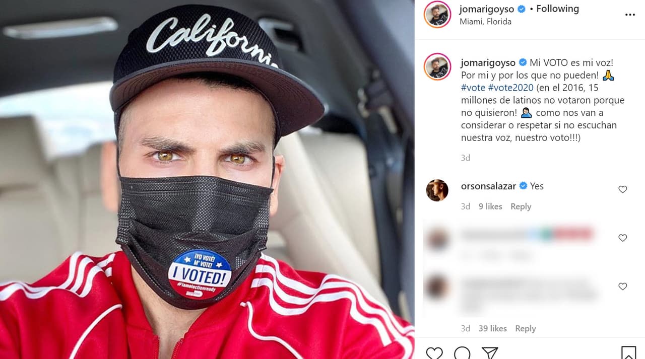 <b><a href="https://www.univision.com/famosos/que-es-eso-tan-ridiculo-la-mama-de-jomari-goyso-vuelve-al-ataque-con-el-pillowdress-de-su-hijo-fotos" target="_blank">Jomari Goyso</a> </b>se mostró orgulloso de poder ejercer el voto en nombre de los latinos que no lo pueden hacer en EEUU: "¡Mi voto es mi voz! 
<b><a href="https://www.instagram.com/p/CG-k8Owh5zW/?igshid=mrus8qlv67nr" target="_blank">¡Por mí y por los que no pueden!</a></b> (en 2016, ¡15 millones de latinos no votaron porque no quisieron! ¡Cómo nos van a considerar o respetar si no escuchan nuestra voz, ¡nuestro voto!)".