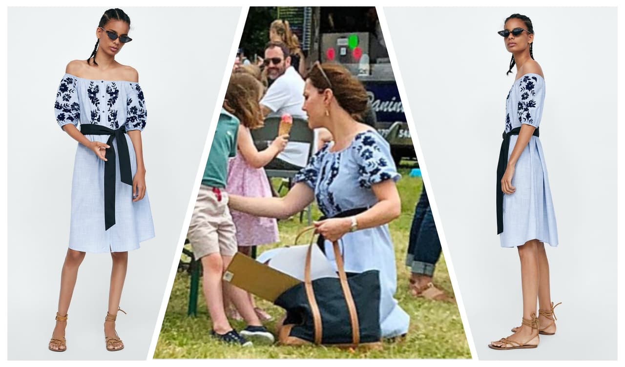 Aunque en la mañana del martes seguía disponible en todas las tallas, de acuerdo a 
<b><a href="https://www.elle.com/es/star-style/el-estilo-de/a20947076/kate-middleton-vestido-primavera-zara/">Elle</a></b>, el diseño de escote Bardot de algodón azul con flores bordadas y lazo en la cintura se agotó en cuestión de horas.